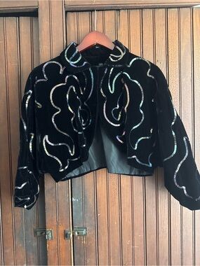 1950s Vintage Black Velvet Sequin Swirl Bolero